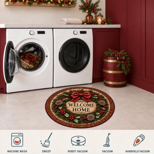 Christmas Wreath Round Rug 3.3 ft Circle Rug Xmas Entryway Carpet