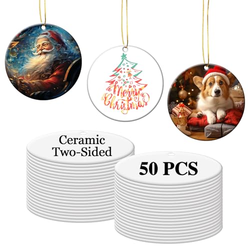 OKBA 50 Pcs Round Sublimation Ceramic Ornaments - Two-Sided White Decor, 3 Inch Christmas & DIY Gifts