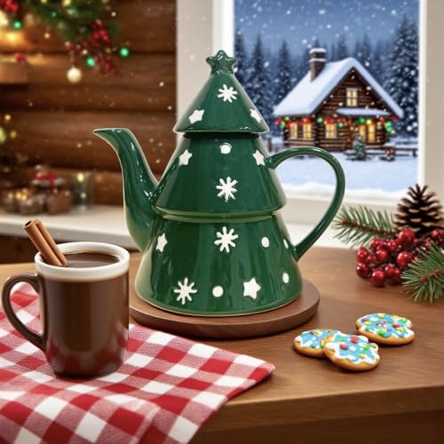 Domini Christmas Pot - 28oz Festive Holiday Teapot with Christmas Tree Design