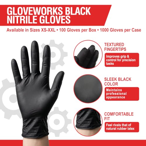GLOVEWORKS Black Nitrile Gloves 5 Mil Disposable Large – 2 Boxes of 100