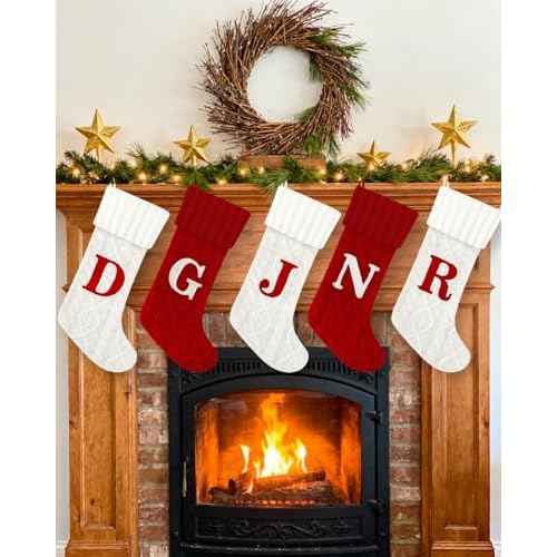 Christmas Stockings with Initials,20 Inches Large Cable Embroidered Monogram Knitted Christmas Stockings with Letter,Personalized Xmas Stockings for Fireplace Family Holiday Decor (Red J)