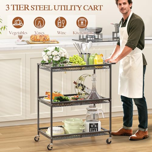 ThreeHio Black 3-Tier Heavy Duty Rolling Kitchen Cart with Locking Wheels
