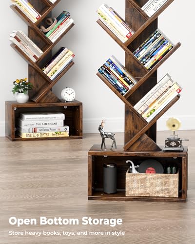 Evermagin Rustic Brown 6-Tier Tree Bookshelf with Adjustable Light, Bookcase, Space-Saving Design