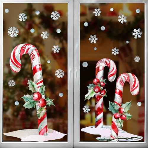 Christmas Window Clings Decor, 2 Sheets Extra Large Candy Cane Window Clings with Red Berry and Holly Leaves, Rustic Candy Snowflakes Xmas Window Stickers for Home Office Holiday Party D?cor