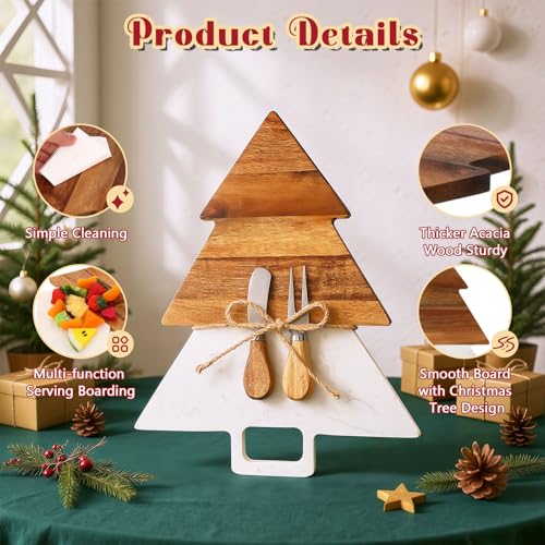 Acellegic Christmas Tree Marble & Acacia Cutting Board with Handles – Serving & Charcuterie Board (13.39 x 11.02 in)