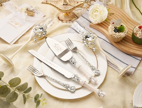 Wedding Cake Cutting Set with Crystal Champagne Flutes - Silver Petal Rhinestones