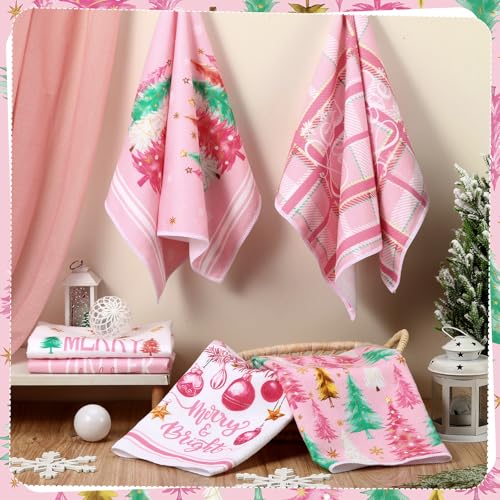 Oudain 6-Pack Pink Christmas Kitchen Towels – 21x14in Microfiber Gift Set, Pastel Pink Winter Decor