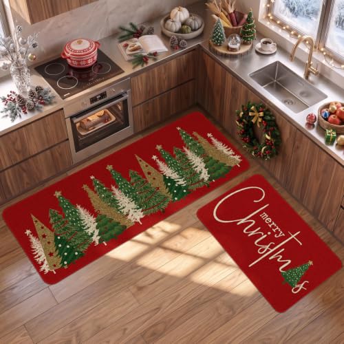 Christmas Tree Kitchen Mat Set of 2, Red - Non-Slip Linen Rugs for Indoor/Outdoor, 17x47 Runner + 17x30 Door Mat (Variation: Christmas Tree-red)