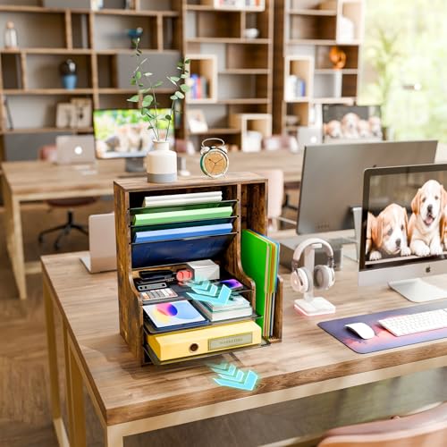 Simple Trending 7-Tier Wooden Desk File Organizer with Side File Holder - Rustic Brown