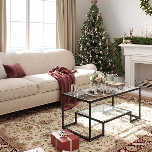 42.5 x 19.5 Inch Rectangular Glass Coffee Table - Black, Modern Home Accent
