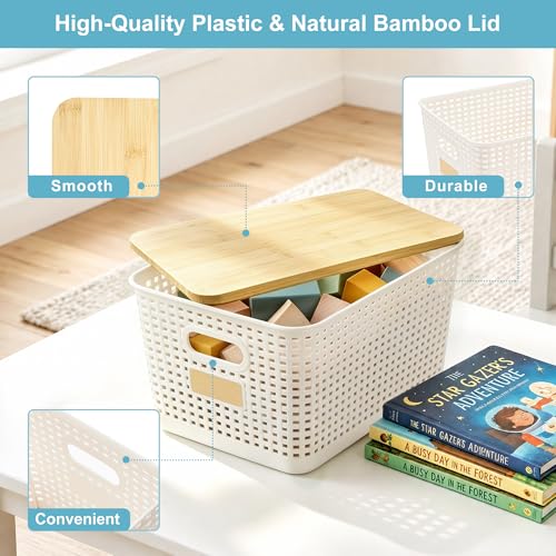 Bagnizer 2 Pack Tall Plastic Storage Bins with Bamboo Lids, 10.8qt