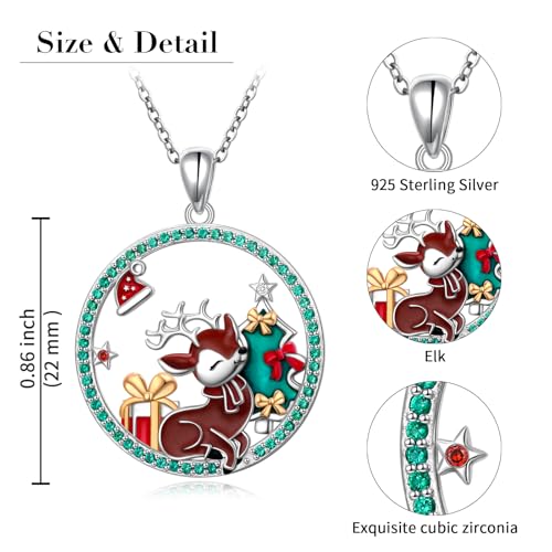 Silver Reindeer Pendant Necklace for Women - 925 Sterling Silver Christmas Jewelry