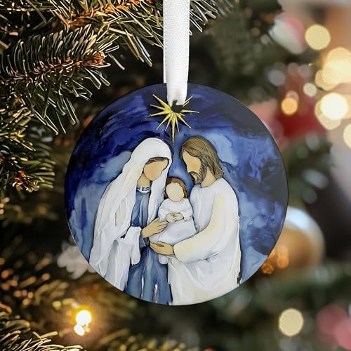 Nativity B: Baby Jesus Mary Joseph Ceramic Ornament – 3in, Two-Sided Print, Gift Box