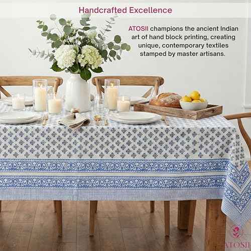 ATOSII Gulbahar Blue 100% Cotton Fall Rectangle Tablecloth 60x108 Inches, Hand Block Print, Washable, Perfect for Holidays & Events