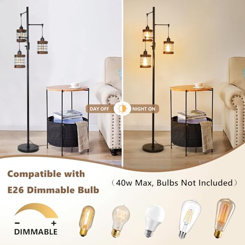 Airposta Black Wood Dimmable Farmhouse Floor Lamp with 3 Cage Lights