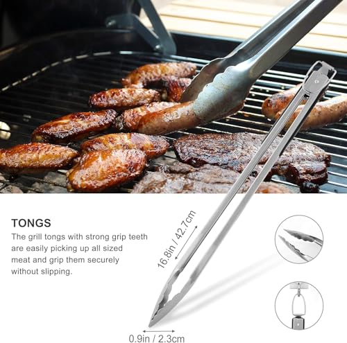 Black Grilljoy 8-Piece BBQ Grill Tools Set with Stainless Steel Spatula, Fork, Tongs & Cleaning Brush - Portable Barbecue Kit for Father's Day