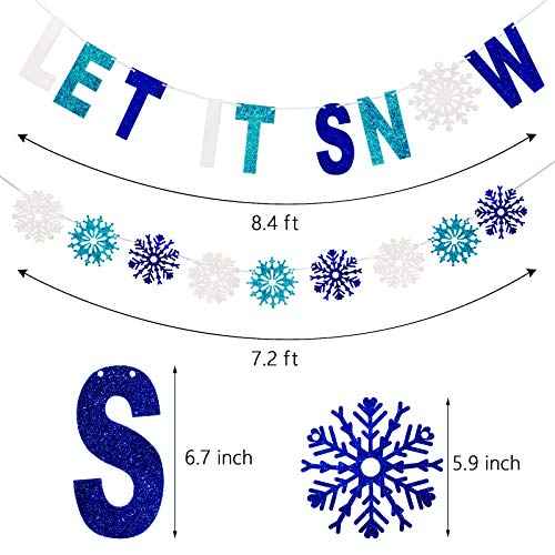 Outus 3 Pieces Let It Snow Banner, Glitter Winter Snowflake Garland Banner, Snowflake Hanging Ornaments for Christmas Holiday Party Decorations New Year Festive Party Supplies (Blue,White)