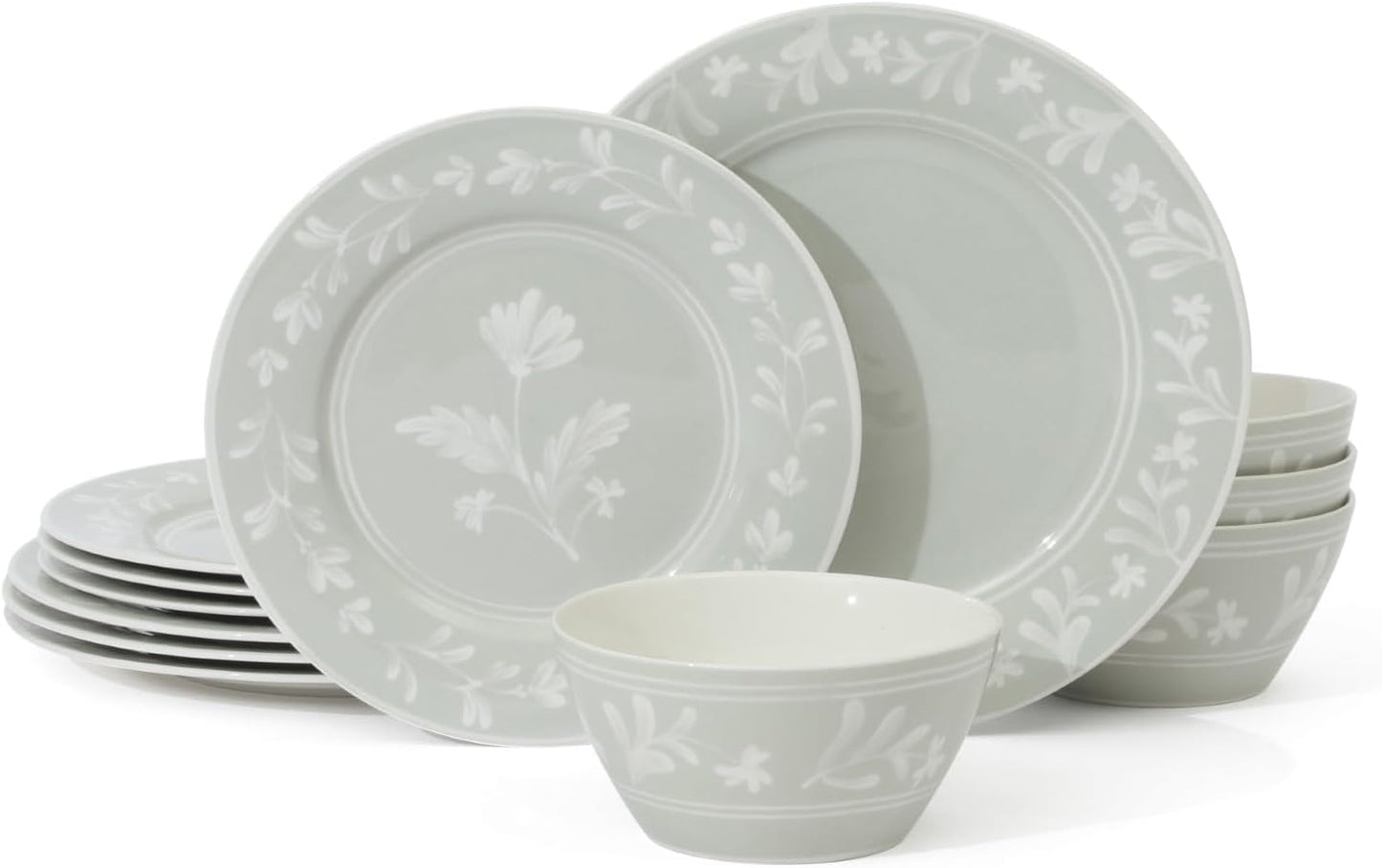Martha Stewart Dinnerware Set - Maiden Crown 12-Piece Sage Green Dish Set | Floral Design, Microwave & Dishwasher Safe