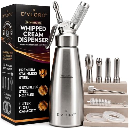 D'VLORO 34 oz Stainless Steel Whipped Cream Dispenser with 5 Nozzles & Replacement Gaskets