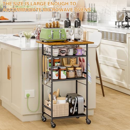 Brown 4-Tier Kitchen Microwave Cart on Wheels with Storage and Hooks