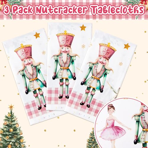 3 Packs Nutcracker Plastic Tablecloth Decorations, Pink Plaid Nutcracker Christmas Tree Disposable Waterproof Table Covers, Nutcracker Soldier Tablecloth for Dining Table Party Supplies