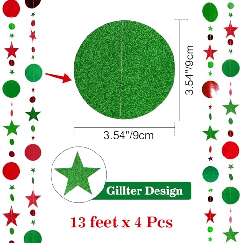 JijAcraft 52ft Christmas Glitter Star Garland – Green & Red Hanging Banner