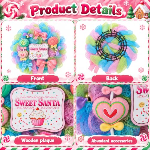 Pastel Candy Christmas Wreath with Lollipops and Bells - 15.7 Inch Holiday Door Decor