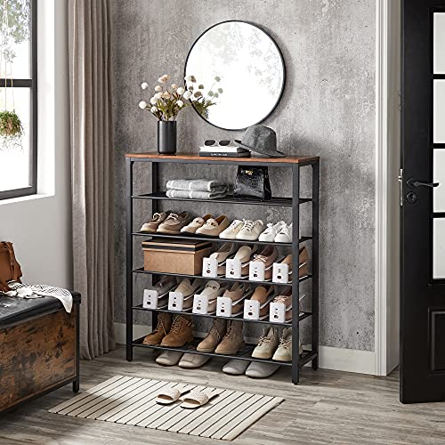 VASAGLE 6-Tier Shoe Rack - Rustic Brown Metal Mesh Storage Organizer, 24-30 Pairs