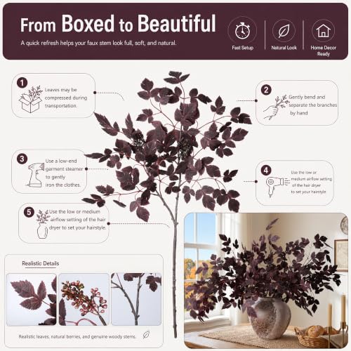 HyeFlora Burgundy Cimicifuga Faux Plant Stems, 28.7 in Artificial Greenery, 4-Pack for Home & Garden Decor
