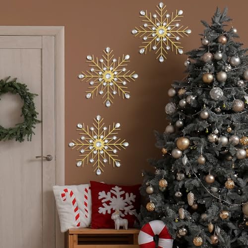 Gold 3-Piece Snowflake Starburst Wall Decor Set - 13.5in Crystal Rhinestone Metal Art