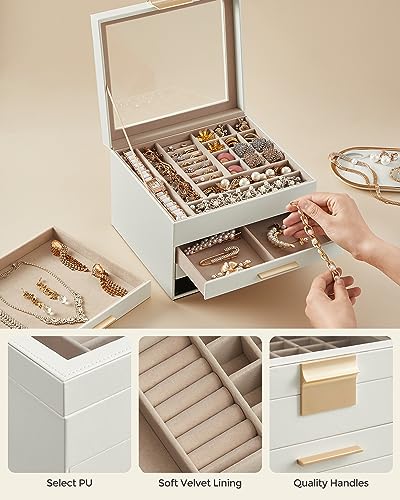 SONGMICS Cloud White & Gold Jewelry Box Organizer 4-Layer Storage with Glass Lid