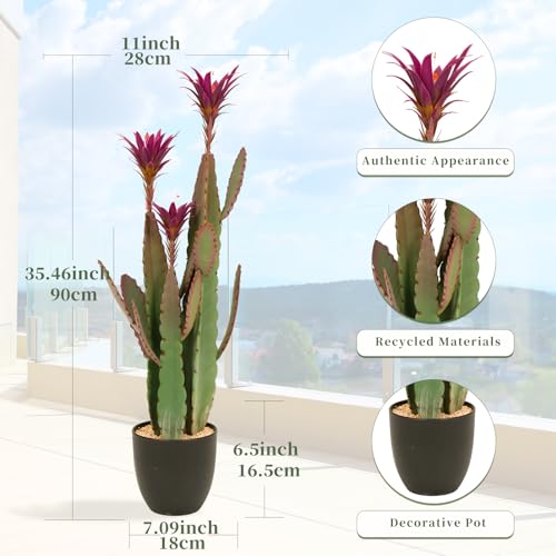 3ft Tall Artificial Cactus with Magenta Flower in Pot, Fake Cacti
