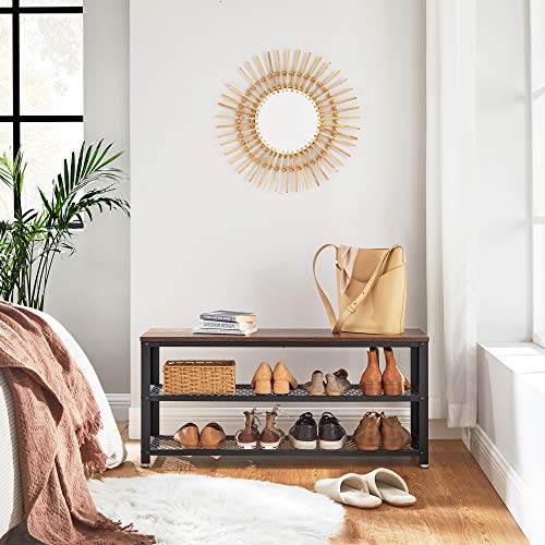 VASAGLE Rustic Brown 3-Tier Shoe Rack & Storage Bench, 39.4" W x 17.7" H
