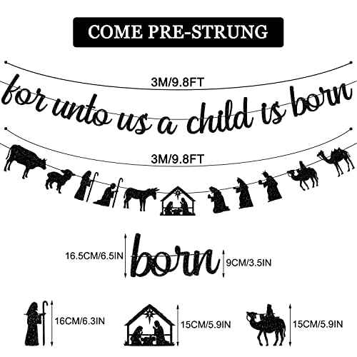 Black Glitter For Unto Us A Child Is Born Banner and Christmas Nativity Scenes Garland Banner Holy Family Xmas Nativity Party Decorations Jesus Manger Scene Religious Christmas Holiday Fireplace Mantle Supplies