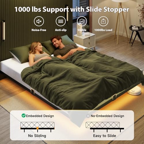 Black Queen Floating Bed Frame with Smart LED Lights & Charging Station