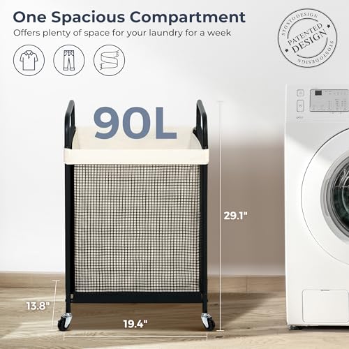 Beige STO STO 90L Rolling Laundry Hamper with Removable Washable Liner and Lockable Wheels