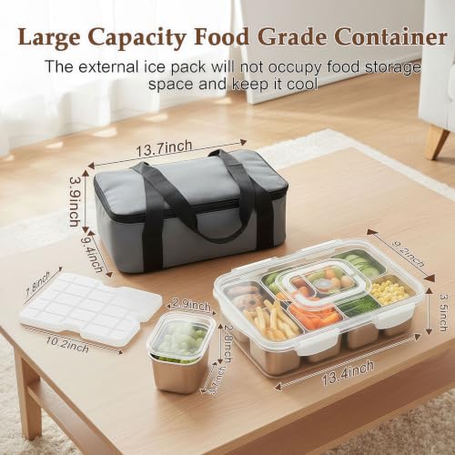ANYPROLUS Silver Insulated Snackle Box with Ice Pack, 8 Compartments, Portable Food Storage