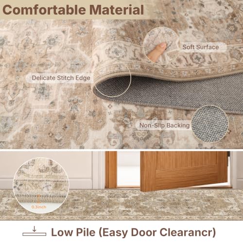 Beige Cream 3-Piece Kitchen Rug Set with Runner, Non-Slip Boho Mat, Washable Low Pile