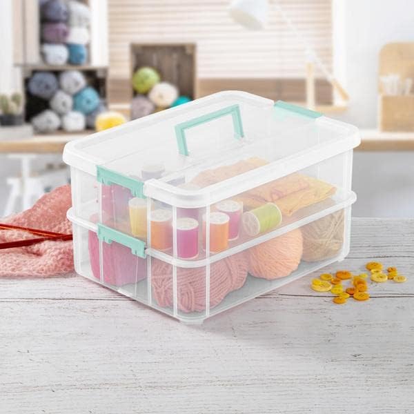 Sterilite 1427CLR Stack & Carry - Clear 2-Layer Storage Box with Blue Handle & Lid