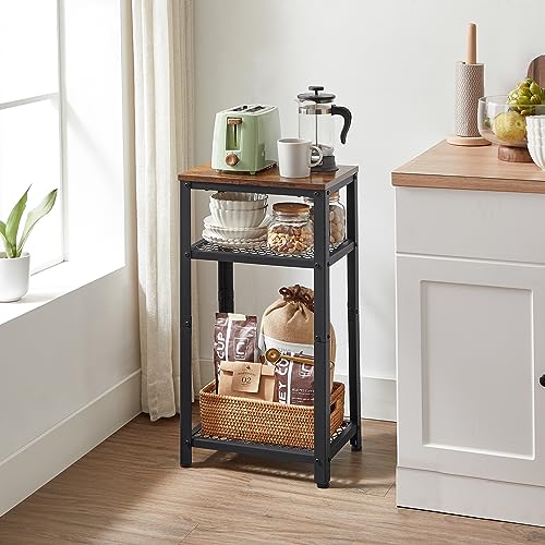 VASAGLE 3-Tier Side Table with Mesh Shelves and Rustic Finish