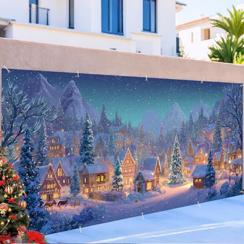 Large Christmas Garage Door Banner 7x16FT Winter Village Scene Snowy Town Outdoor Holiday Decor
