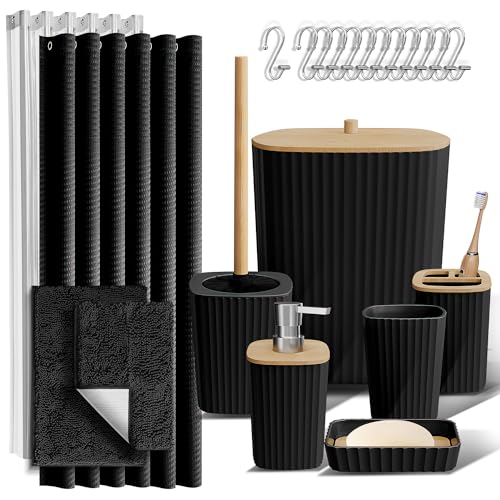 Clara Clark Black Bathroom Set with Shower Curtain & Rugs - Complete 12-Piece Kit
