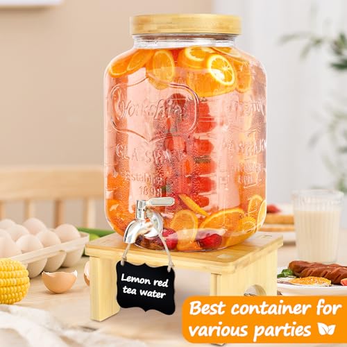 2 Gallon Glass Beverage Dispenser with Wood Stand & Stainless Steel Spigot
