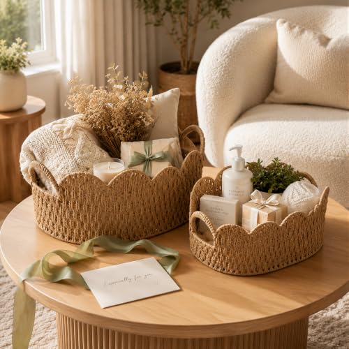 Neutral Endymion Set of 2 Paper Rope Wicker Storage Baskets - Scalloped Design