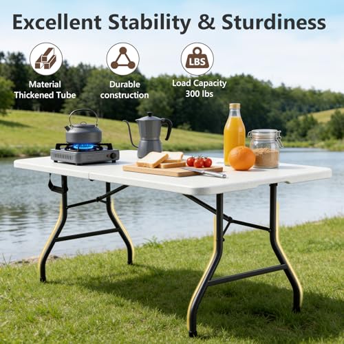 White 5 FT Foldable Plastic Utility Table with Carrying Handle - Heavy Duty Indoor & Outdoor Folding Table