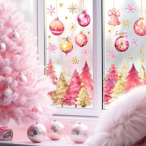 Christmas Window Clings Pink Gold Xmas Tree Ball Snowflake Window Stickers Double-Side Glass Decals for Home Party Supplies, 7.9 x 11.8 Inch, 9 Sheets