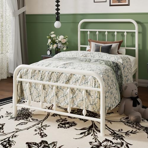 Twin Metal Bed Frame with Victorian Iron Headboard - Cream, White