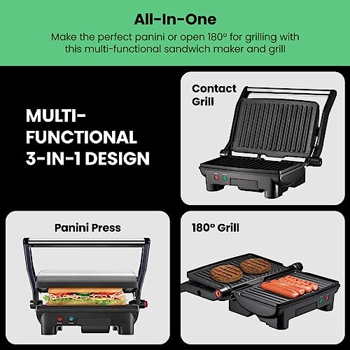 Chefman 2 Slice Electric Panini Press Grill with Non-Stick Plates, 180° Opening