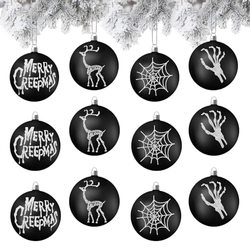 Syhood Gothic Christmas Ornaments Set - 12 Black & White 3.15” Halloween/Christmas Balls