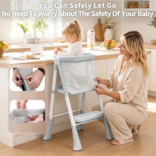 Foldable Toddler Standing Tower - Gray, Montessori Kitchen & Learning Stool for Kids 1.5-6 Years